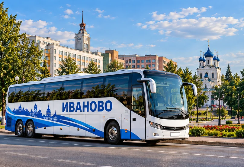 Брендированный автобус с надписью Иваново на фоне городского пейзажа